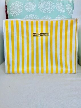 VTG 1980s Giorgio Beverly Hills Yellow White Striped Cosmetic Bag Gold Hardware